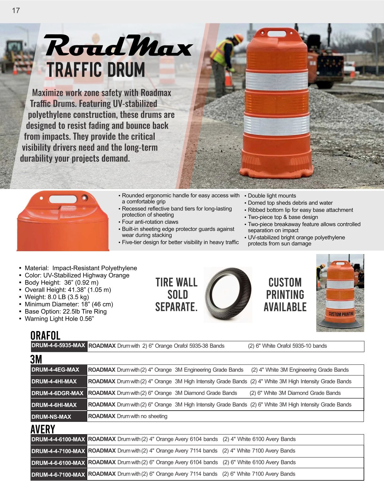 RoadMax traffic drum catalog feature page